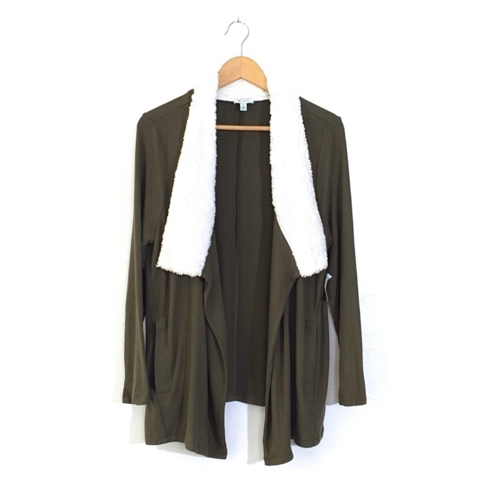 SUSINA Olive Green Faux Fur Trimmed Shawl Collar Draped Open Front Cardigan - Picture 8 of 12